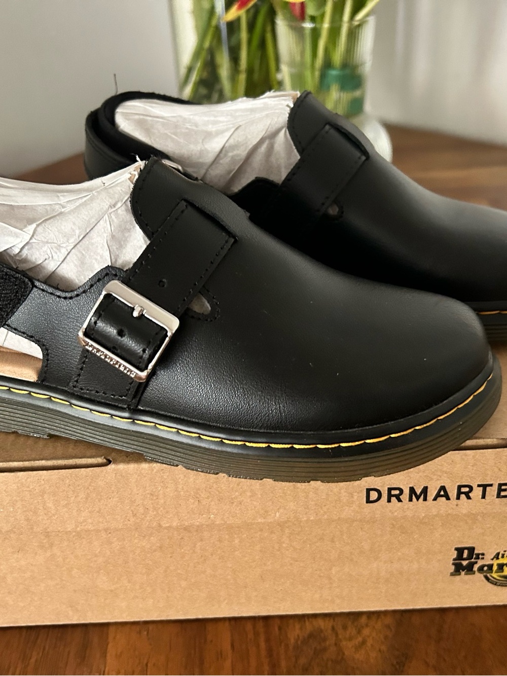 Dr. Martens Black Leather Slip-On Clog with Silver Buckle and Yellow Stitching